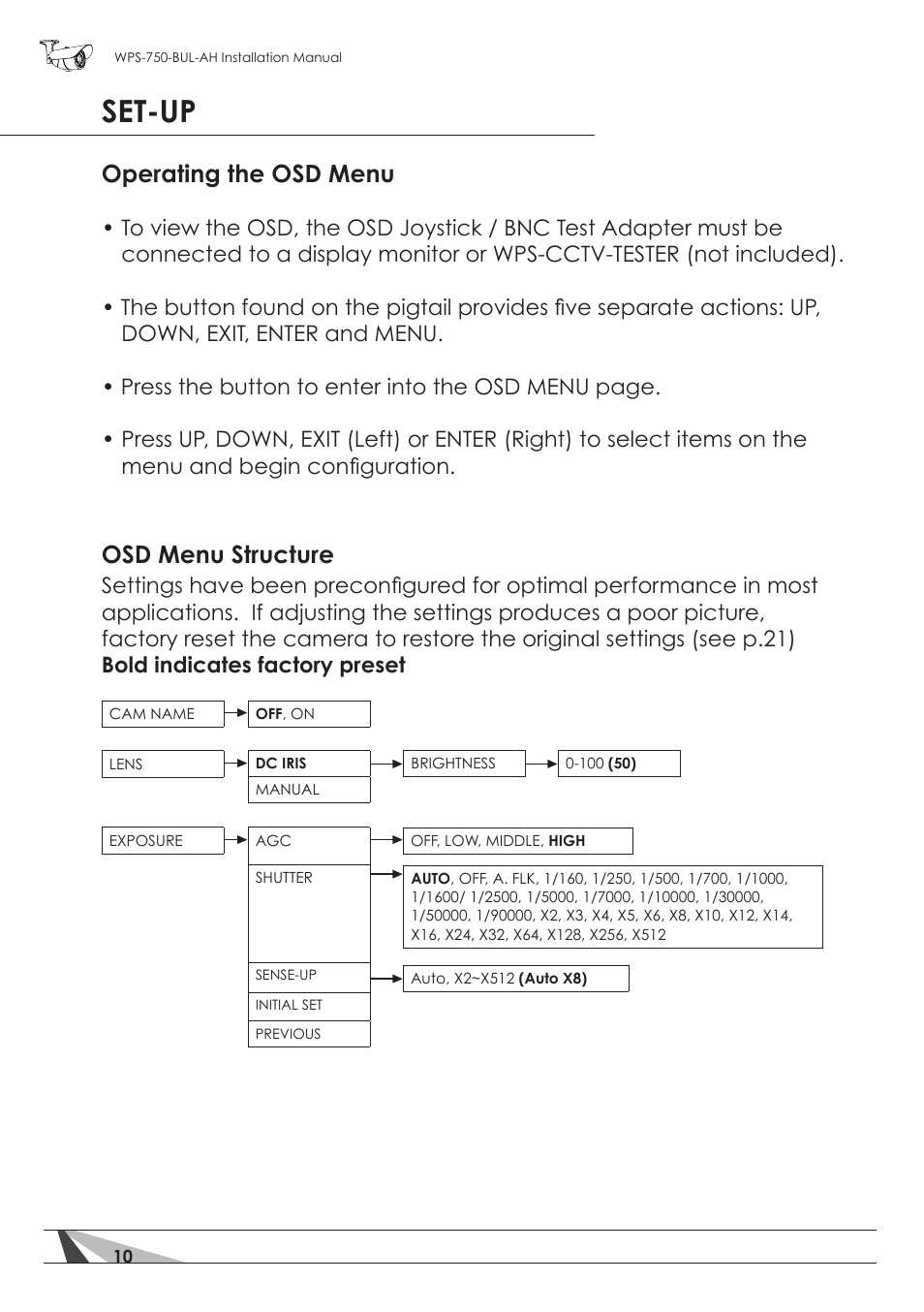 Set-up, Osd menu structure, Operating the osd menu | Staub Electronics WPS-750-BUL-AH WIREPATH - SURVEILLANCE 750-SERIES BULLET ANALOG OUTDOOR CAMERA WITH IR AND HEATER (650TVL) User Manual | Page 10 / 32