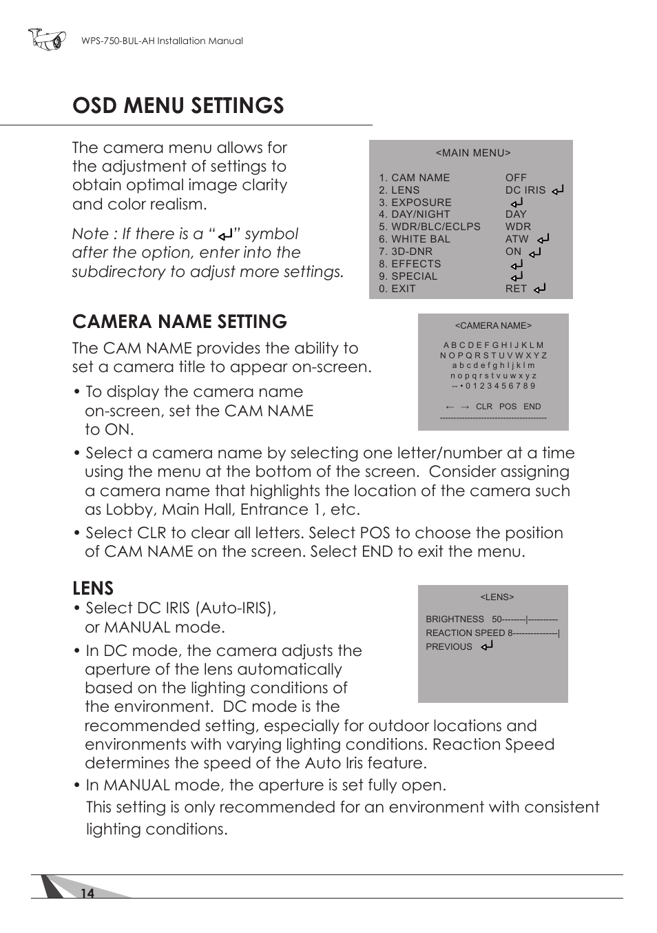 Osd menu settings, Camera name setting, Lens | Staub Electronics WPS-750-BUL-AH WIREPATH - SURVEILLANCE 750-SERIES BULLET ANALOG OUTDOOR CAMERA WITH IR AND HEATER (650TVL) User Manual | Page 14 / 32