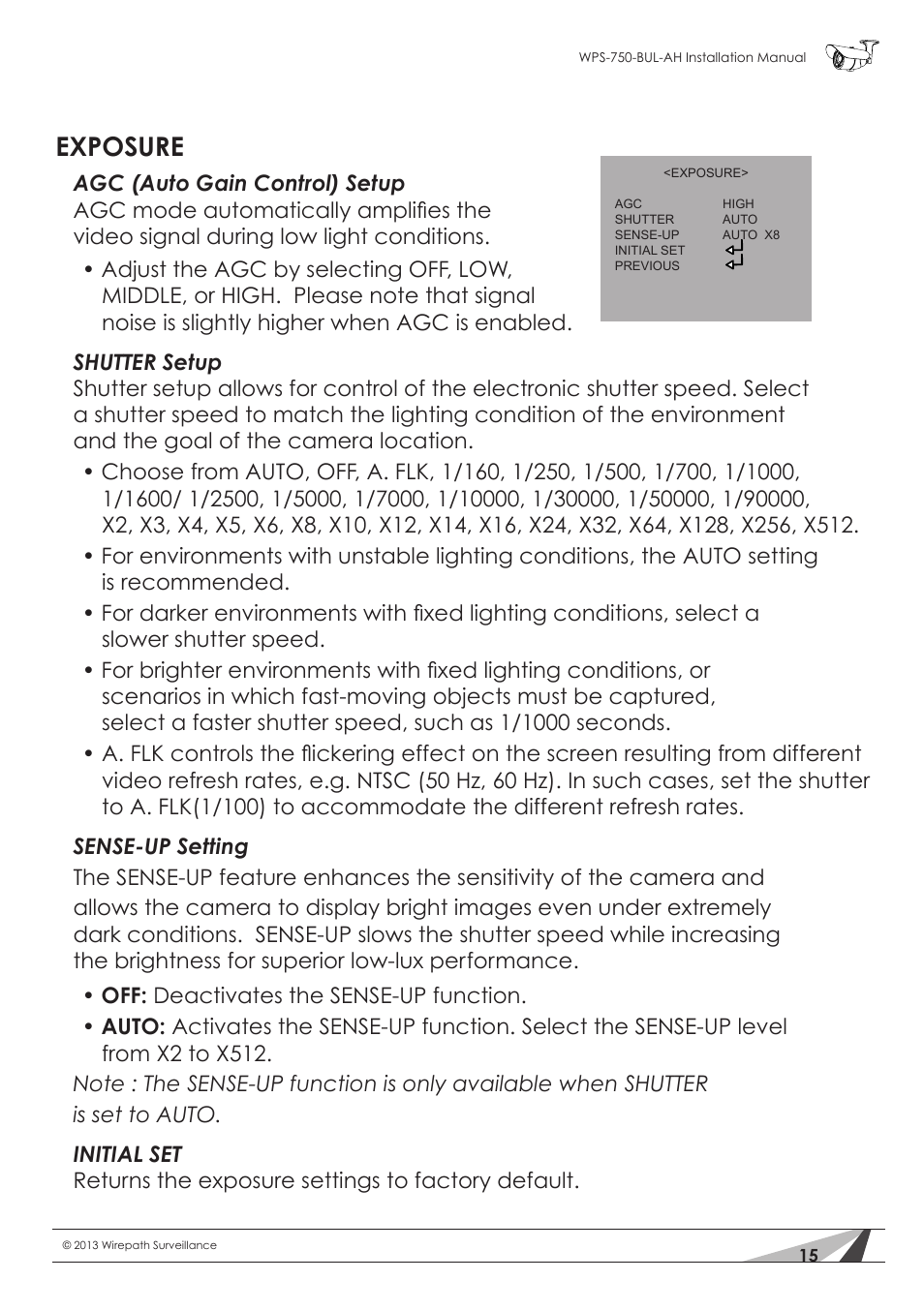 Exposure | Staub Electronics WPS-750-BUL-AH WIREPATH - SURVEILLANCE 750-SERIES BULLET ANALOG OUTDOOR CAMERA WITH IR AND HEATER (650TVL) User Manual | Page 15 / 32