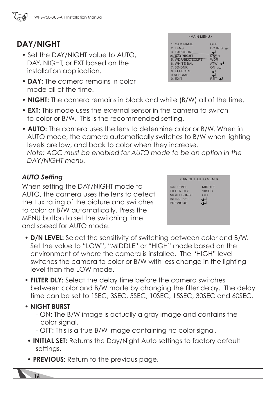Day/night | Staub Electronics WPS-750-BUL-AH WIREPATH - SURVEILLANCE 750-SERIES BULLET ANALOG OUTDOOR CAMERA WITH IR AND HEATER (650TVL) User Manual | Page 16 / 32