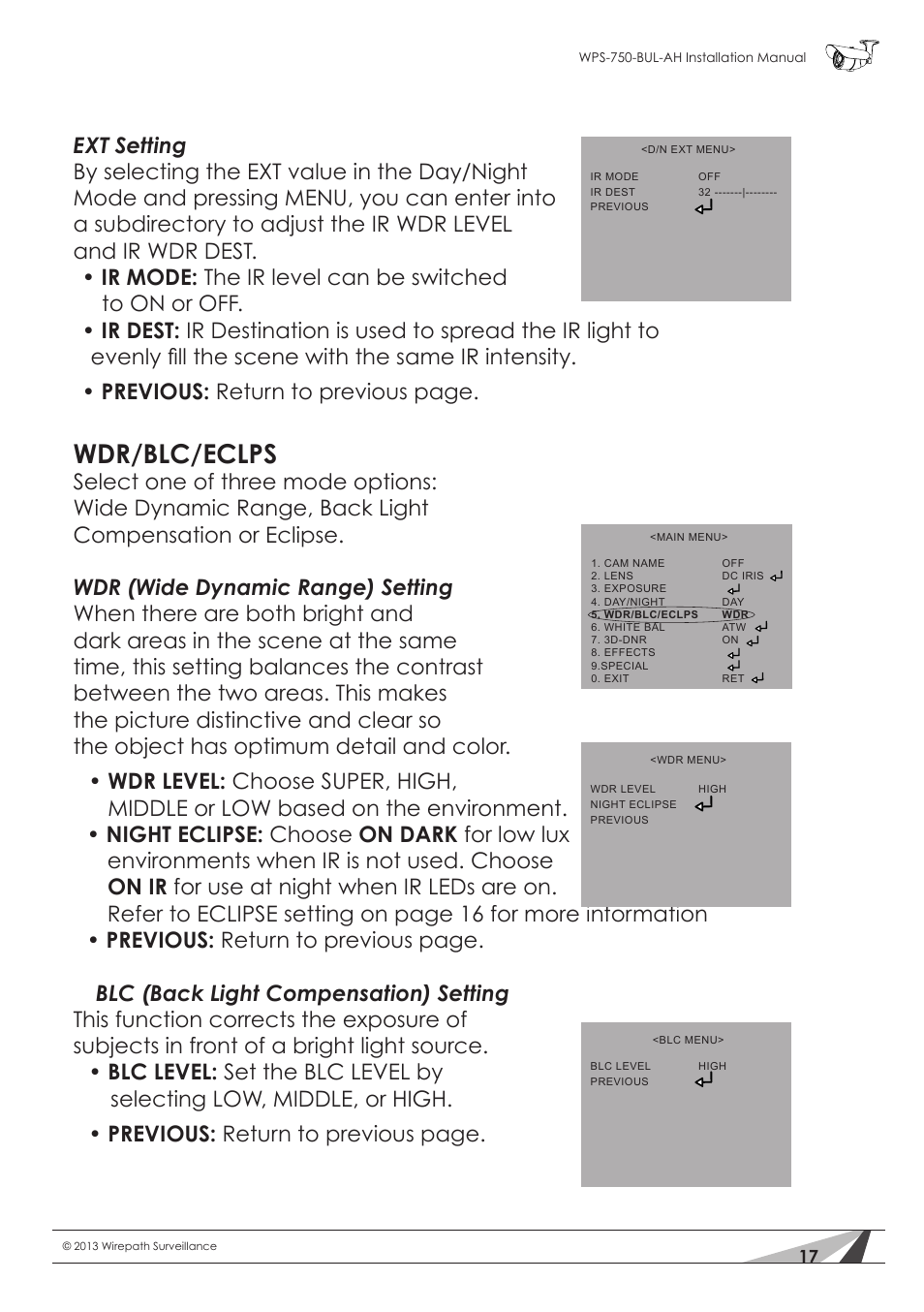 Wdr/blc/eclps | Staub Electronics WPS-750-BUL-AH WIREPATH - SURVEILLANCE 750-SERIES BULLET ANALOG OUTDOOR CAMERA WITH IR AND HEATER (650TVL) User Manual | Page 17 / 32