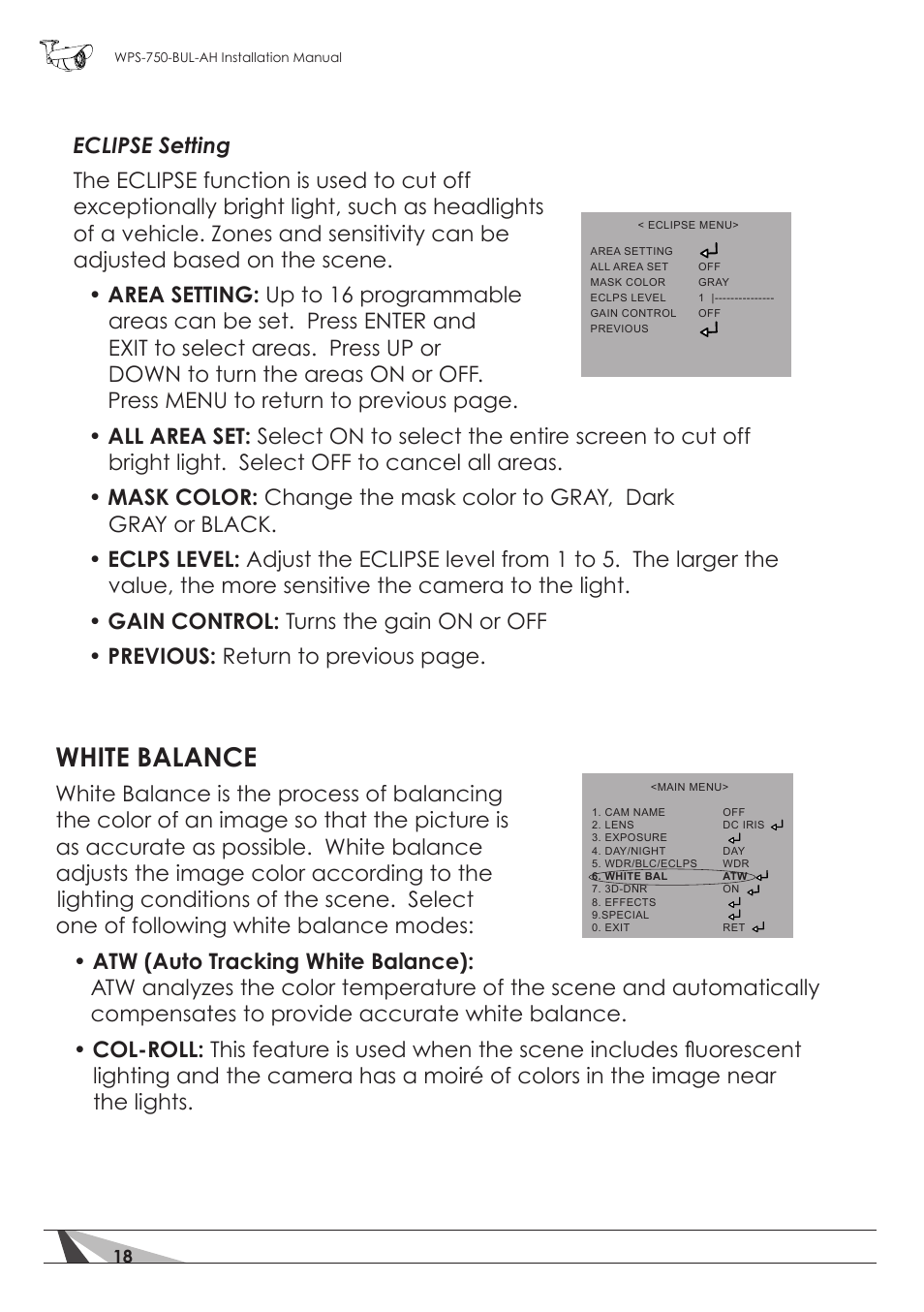 White balance | Staub Electronics WPS-750-BUL-AH WIREPATH - SURVEILLANCE 750-SERIES BULLET ANALOG OUTDOOR CAMERA WITH IR AND HEATER (650TVL) User Manual | Page 18 / 32
