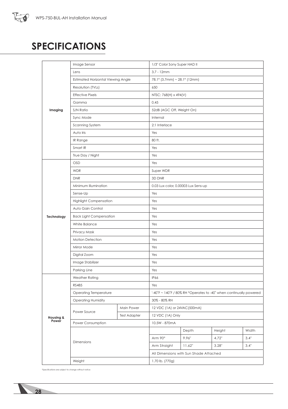 Specifications | Staub Electronics WPS-750-BUL-AH WIREPATH - SURVEILLANCE 750-SERIES BULLET ANALOG OUTDOOR CAMERA WITH IR AND HEATER (650TVL) User Manual | Page 28 / 32