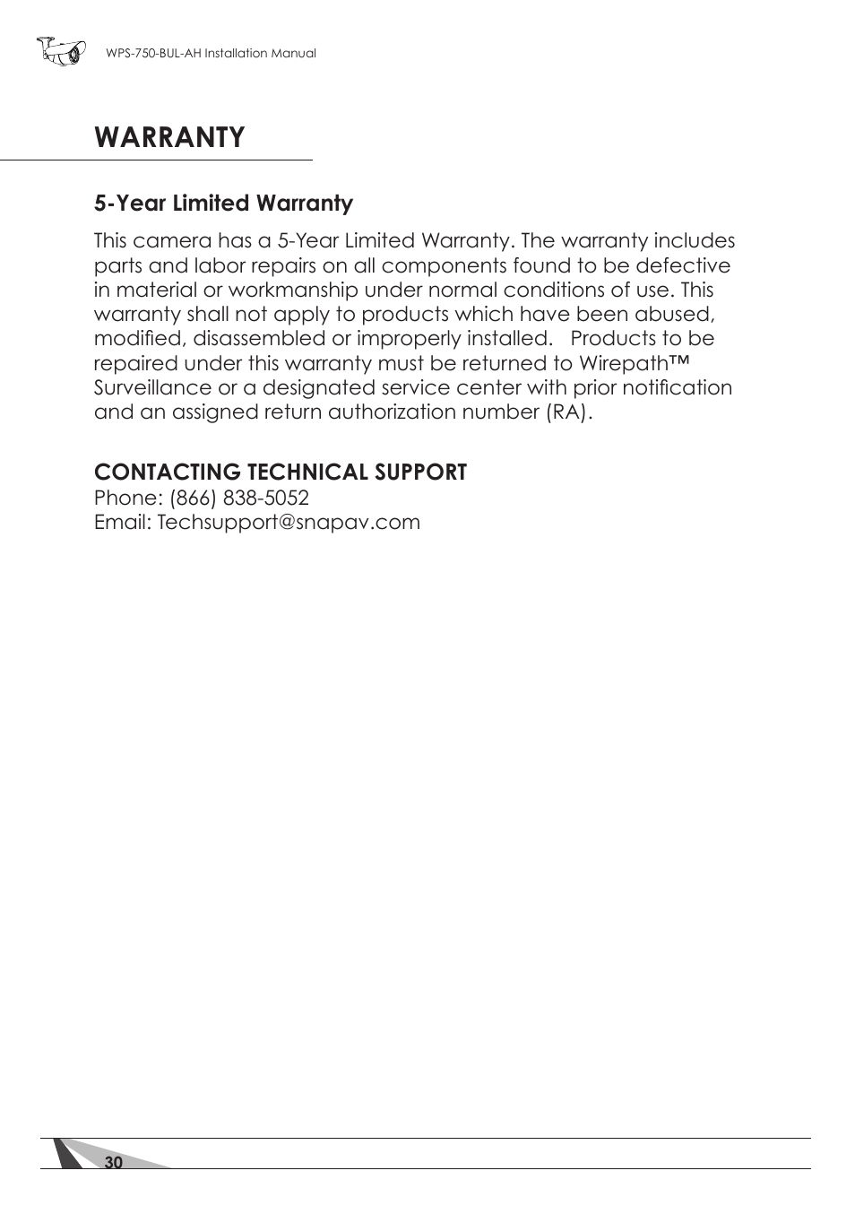 Warranty | Staub Electronics WPS-750-BUL-AH WIREPATH - SURVEILLANCE 750-SERIES BULLET ANALOG OUTDOOR CAMERA WITH IR AND HEATER (650TVL) User Manual | Page 30 / 32