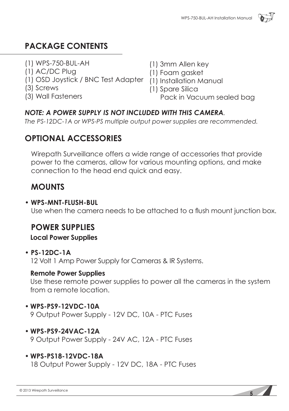 Package contents, Optional accessories, Mounts | Power supplies | Staub Electronics WPS-750-BUL-AH WIREPATH - SURVEILLANCE 750-SERIES BULLET ANALOG OUTDOOR CAMERA WITH IR AND HEATER (650TVL) User Manual | Page 5 / 32