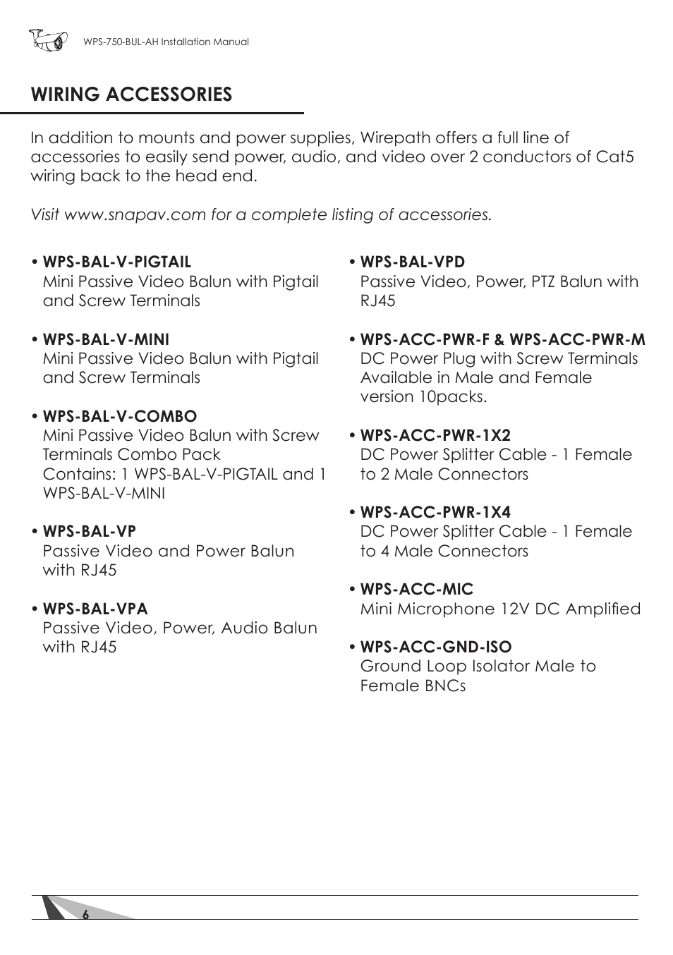 Wiring accessories | Staub Electronics WPS-750-BUL-AH WIREPATH - SURVEILLANCE 750-SERIES BULLET ANALOG OUTDOOR CAMERA WITH IR AND HEATER (650TVL) User Manual | Page 6 / 32