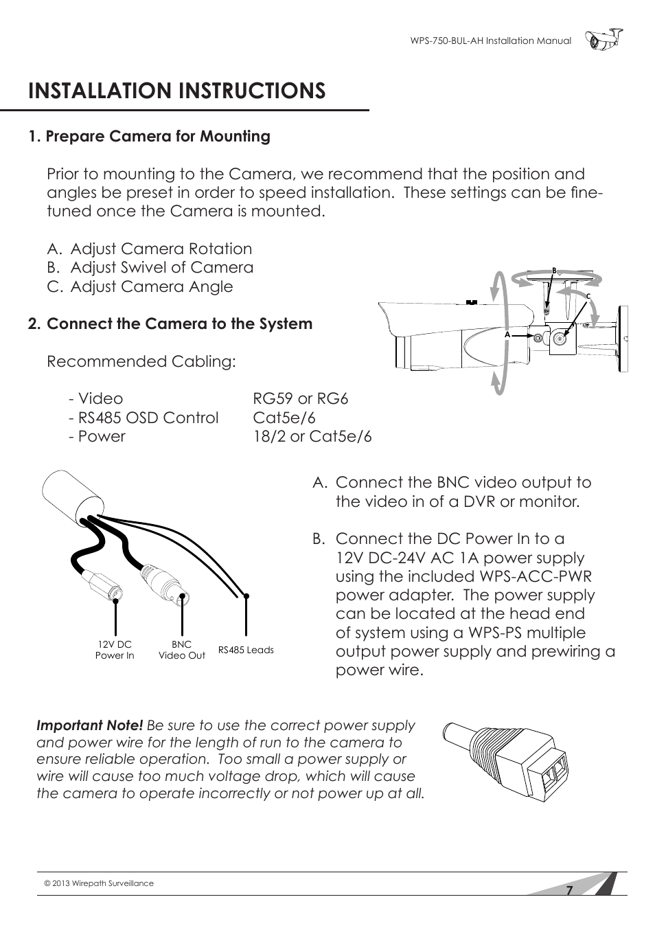 Installation instructions | Staub Electronics WPS-750-BUL-AH WIREPATH - SURVEILLANCE 750-SERIES BULLET ANALOG OUTDOOR CAMERA WITH IR AND HEATER (650TVL) User Manual | Page 7 / 32