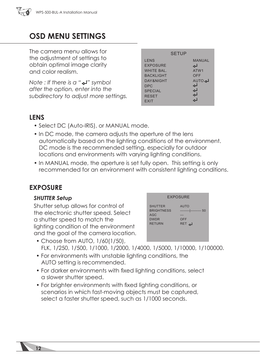 Osd menu settings, Lens, Exposure | Staub Electronics WPS-700-BUL-A WIREPATH - TRUE DAY_NIGHT OUTDOOR VARIFOCAL BULLET CAMERA (600 TVL, D-WDR) User Manual | Page 12 / 28