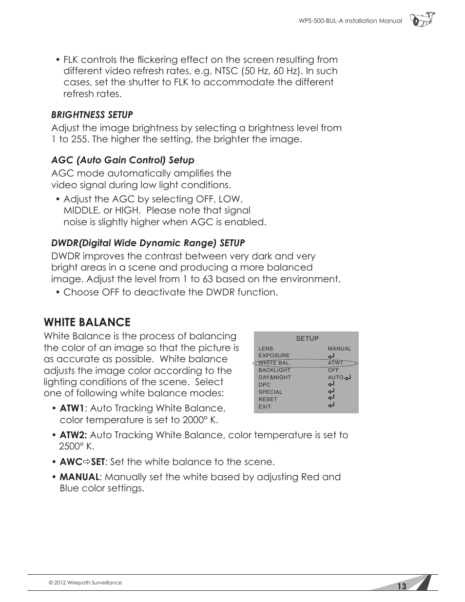 White balance | Staub Electronics WPS-700-BUL-A WIREPATH - TRUE DAY_NIGHT OUTDOOR VARIFOCAL BULLET CAMERA (600 TVL, D-WDR) User Manual | Page 13 / 28