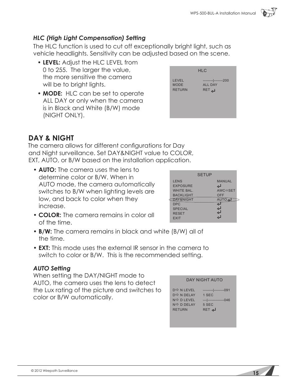 Day & night | Staub Electronics WPS-700-BUL-A WIREPATH - TRUE DAY_NIGHT OUTDOOR VARIFOCAL BULLET CAMERA (600 TVL, D-WDR) User Manual | Page 15 / 28