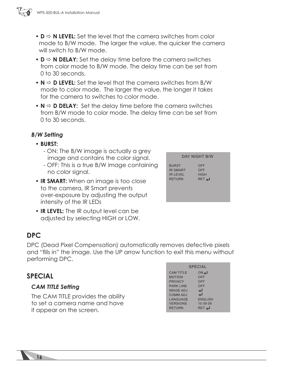 Special | Staub Electronics WPS-700-BUL-A WIREPATH - TRUE DAY_NIGHT OUTDOOR VARIFOCAL BULLET CAMERA (600 TVL, D-WDR) User Manual | Page 16 / 28
