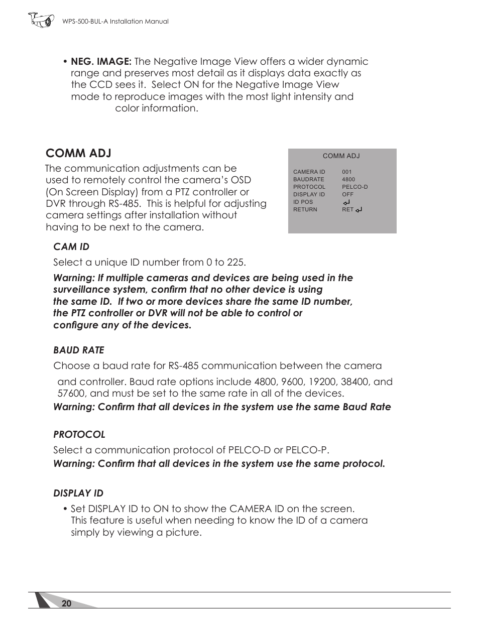 Comm adj | Staub Electronics WPS-700-BUL-A WIREPATH - TRUE DAY_NIGHT OUTDOOR VARIFOCAL BULLET CAMERA (600 TVL, D-WDR) User Manual | Page 20 / 28