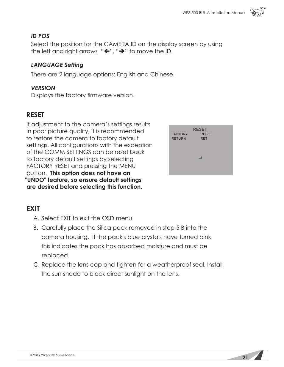 Reset, Exit | Staub Electronics WPS-700-BUL-A WIREPATH - TRUE DAY_NIGHT OUTDOOR VARIFOCAL BULLET CAMERA (600 TVL, D-WDR) User Manual | Page 21 / 28