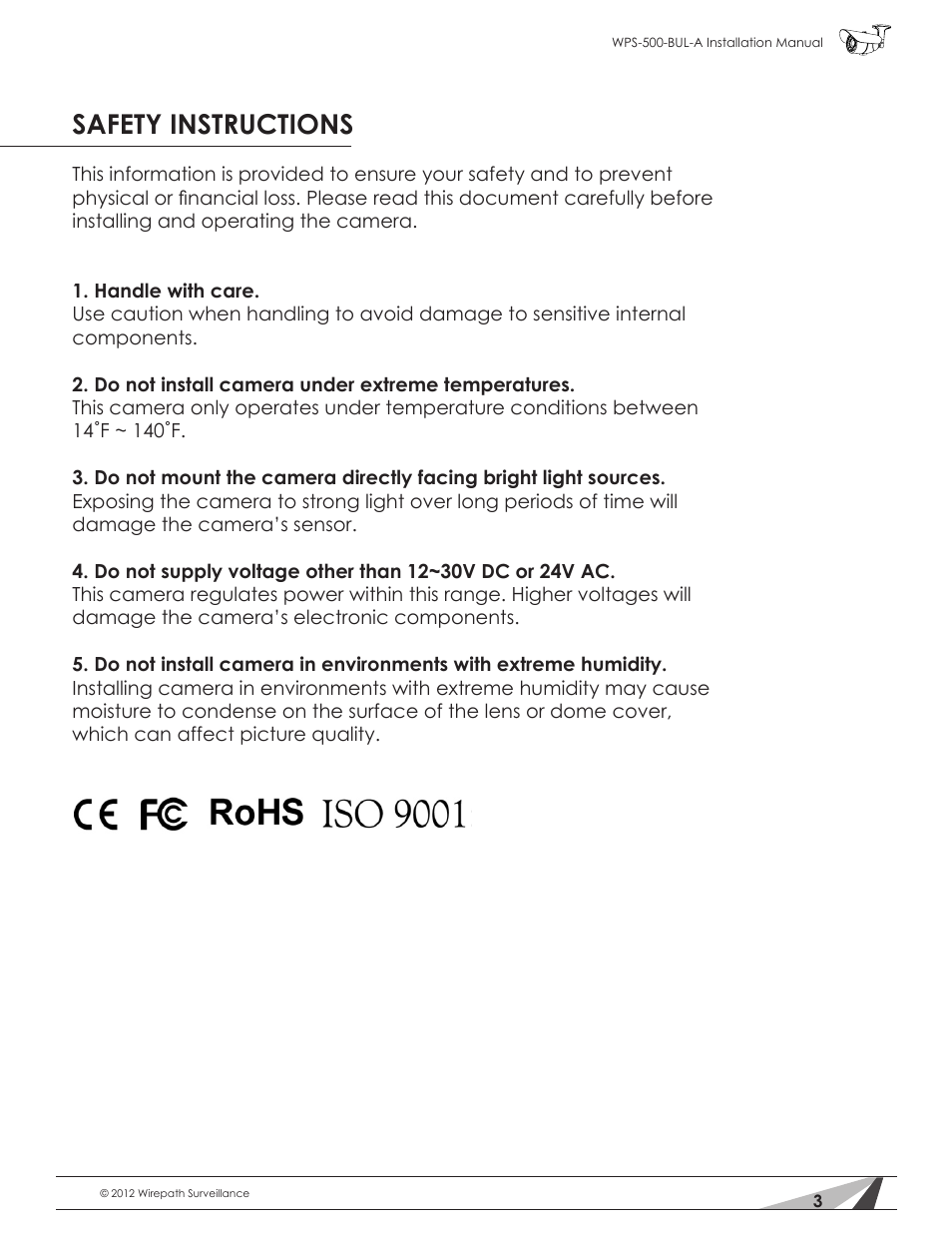 Safety instructions | Staub Electronics WPS-700-BUL-A WIREPATH - TRUE DAY_NIGHT OUTDOOR VARIFOCAL BULLET CAMERA (600 TVL, D-WDR) User Manual | Page 3 / 28