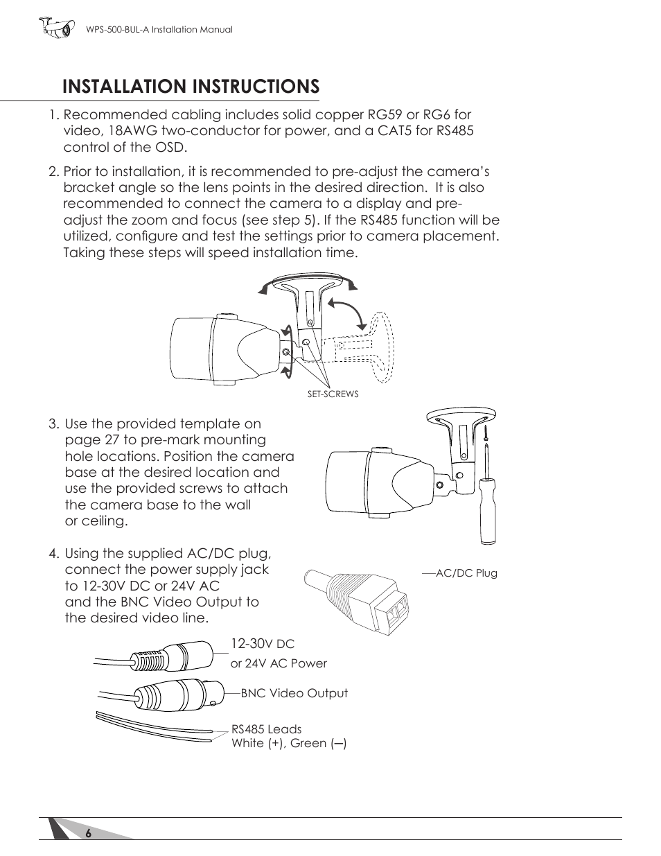 Installation instructions | Staub Electronics WPS-700-BUL-A WIREPATH - TRUE DAY_NIGHT OUTDOOR VARIFOCAL BULLET CAMERA (600 TVL, D-WDR) User Manual | Page 6 / 28