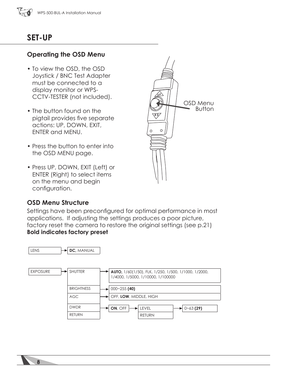 Set-up, Osd menu structure, Operating the osd menu | Staub Electronics WPS-700-BUL-A WIREPATH - TRUE DAY_NIGHT OUTDOOR VARIFOCAL BULLET CAMERA (600 TVL, D-WDR) User Manual | Page 8 / 28