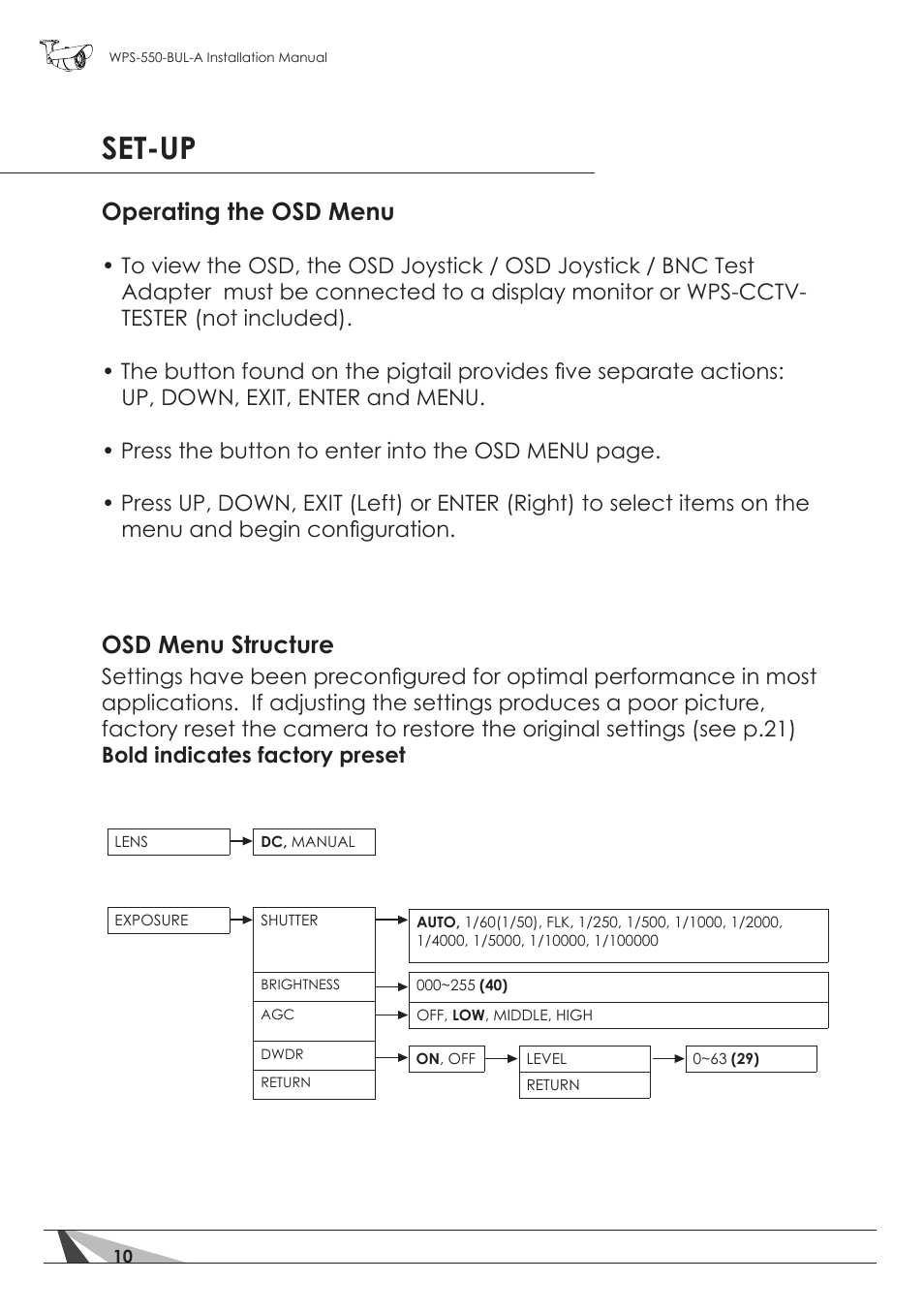 Set-up, Osd menu structure, Operating the osd menu | Staub Electronics WPS-550-BUL-A WIREPATH - SURVEILLANCE 550-SERIES BULLET ANALOG OUTDOOR CAMERA WITH IR (600 TVL) User Manual | Page 10 / 30