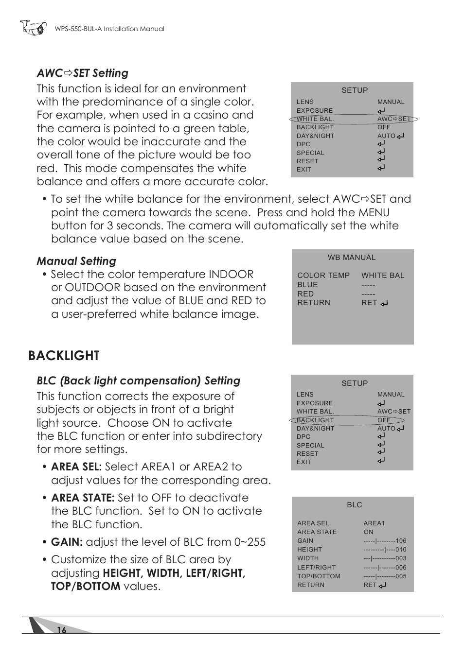 Backlight | Staub Electronics WPS-550-BUL-A WIREPATH - SURVEILLANCE 550-SERIES BULLET ANALOG OUTDOOR CAMERA WITH IR (600 TVL) User Manual | Page 16 / 30