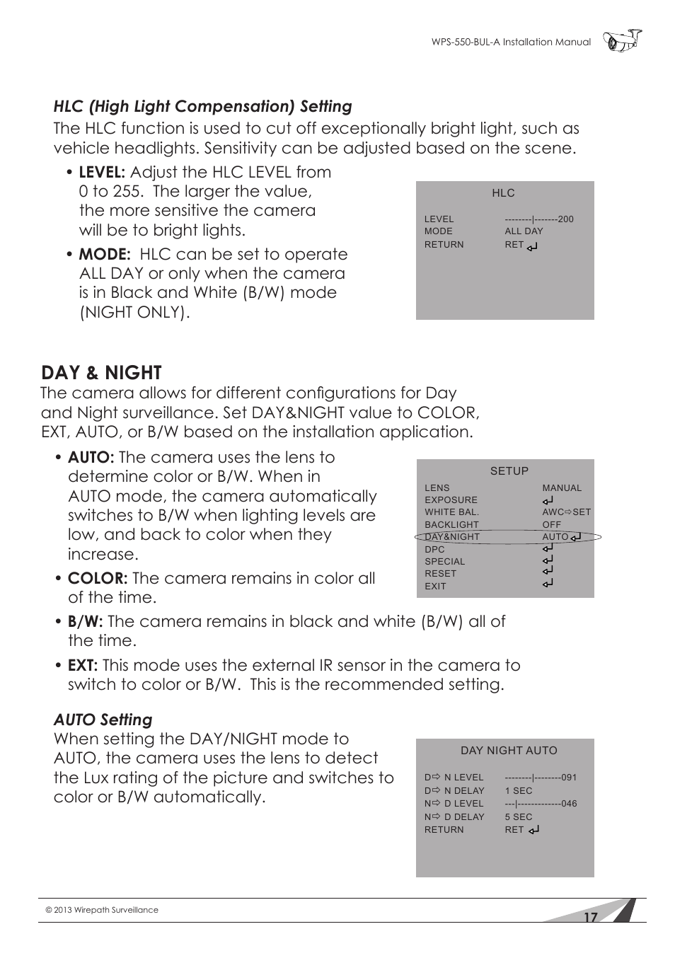Day & night | Staub Electronics WPS-550-BUL-A WIREPATH - SURVEILLANCE 550-SERIES BULLET ANALOG OUTDOOR CAMERA WITH IR (600 TVL) User Manual | Page 17 / 30