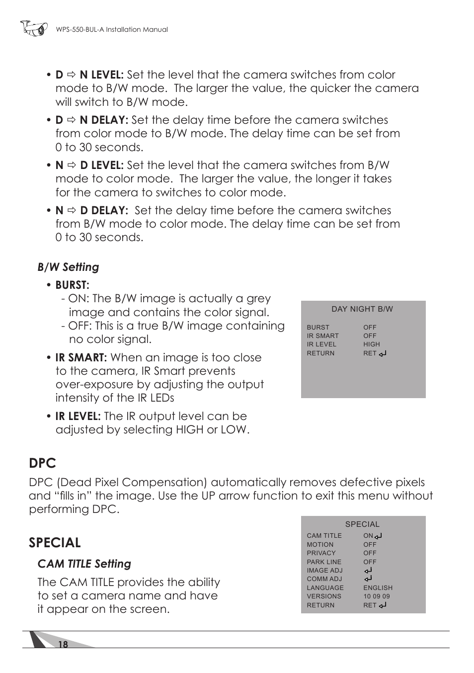 Special | Staub Electronics WPS-550-BUL-A WIREPATH - SURVEILLANCE 550-SERIES BULLET ANALOG OUTDOOR CAMERA WITH IR (600 TVL) User Manual | Page 18 / 30