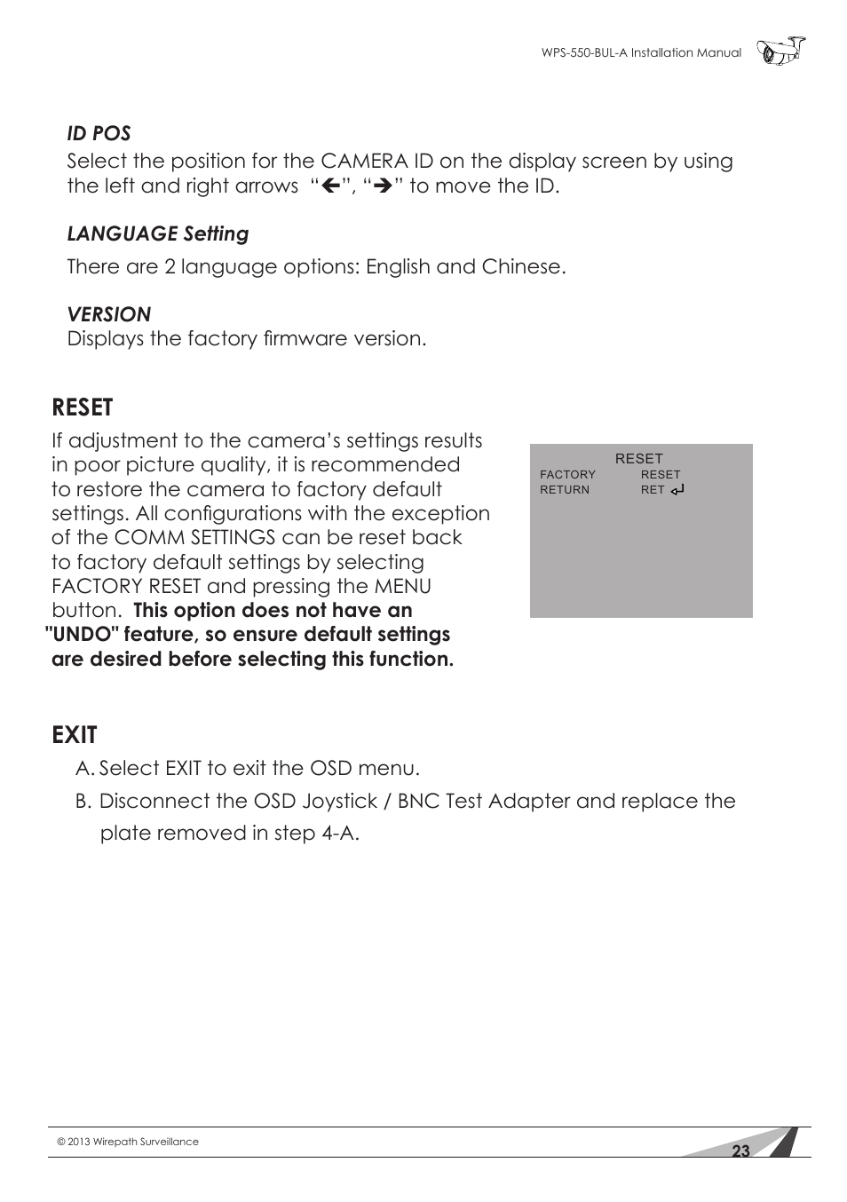 Reset, Exit | Staub Electronics WPS-550-BUL-A WIREPATH - SURVEILLANCE 550-SERIES BULLET ANALOG OUTDOOR CAMERA WITH IR (600 TVL) User Manual | Page 23 / 30