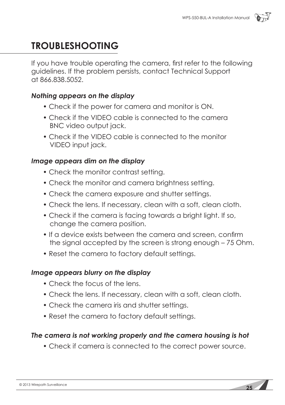 Troubleshooting | Staub Electronics WPS-550-BUL-A WIREPATH - SURVEILLANCE 550-SERIES BULLET ANALOG OUTDOOR CAMERA WITH IR (600 TVL) User Manual | Page 25 / 30