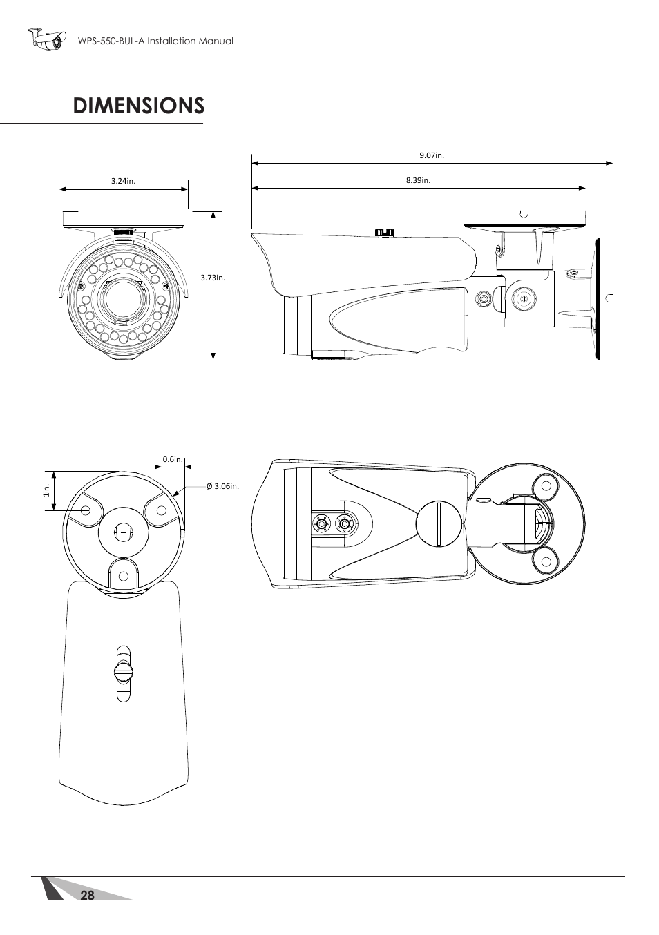 Dimensions | Staub Electronics WPS-550-BUL-A WIREPATH - SURVEILLANCE 550-SERIES BULLET ANALOG OUTDOOR CAMERA WITH IR (600 TVL) User Manual | Page 28 / 30