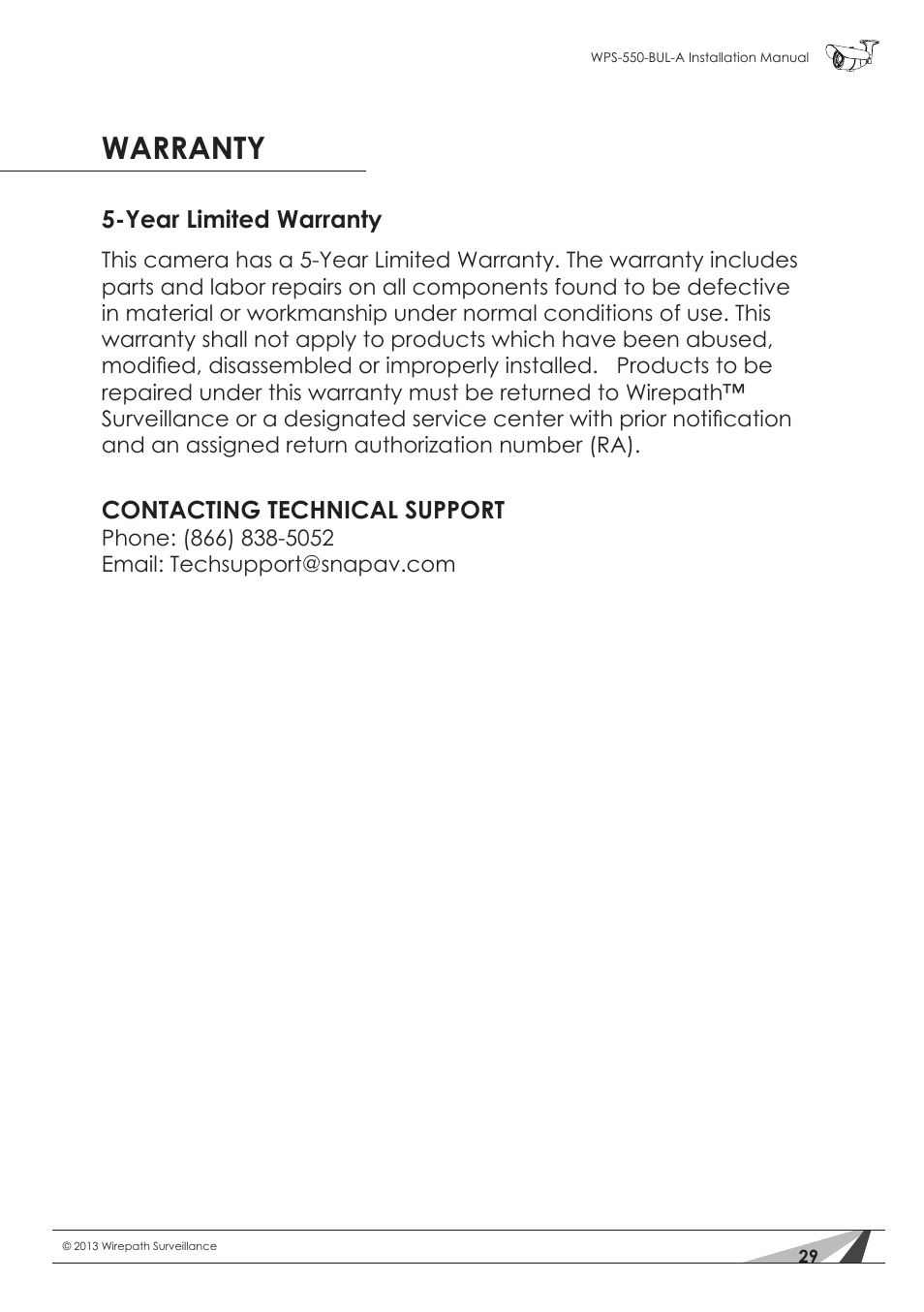 Warranty | Staub Electronics WPS-550-BUL-A WIREPATH - SURVEILLANCE 550-SERIES BULLET ANALOG OUTDOOR CAMERA WITH IR (600 TVL) User Manual | Page 29 / 30