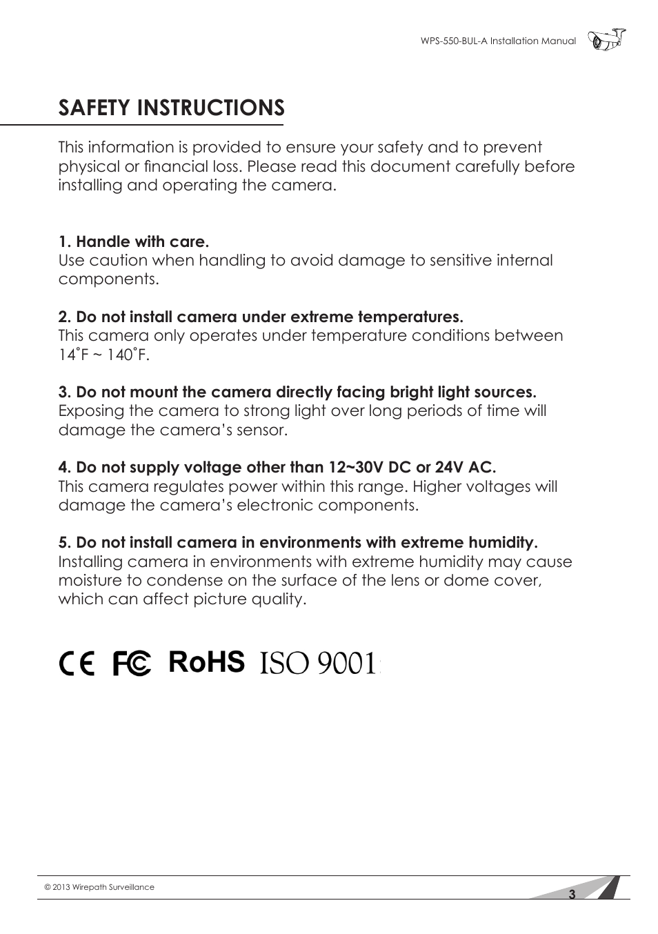 Safety instructions | Staub Electronics WPS-550-BUL-A WIREPATH - SURVEILLANCE 550-SERIES BULLET ANALOG OUTDOOR CAMERA WITH IR (600 TVL) User Manual | Page 3 / 30
