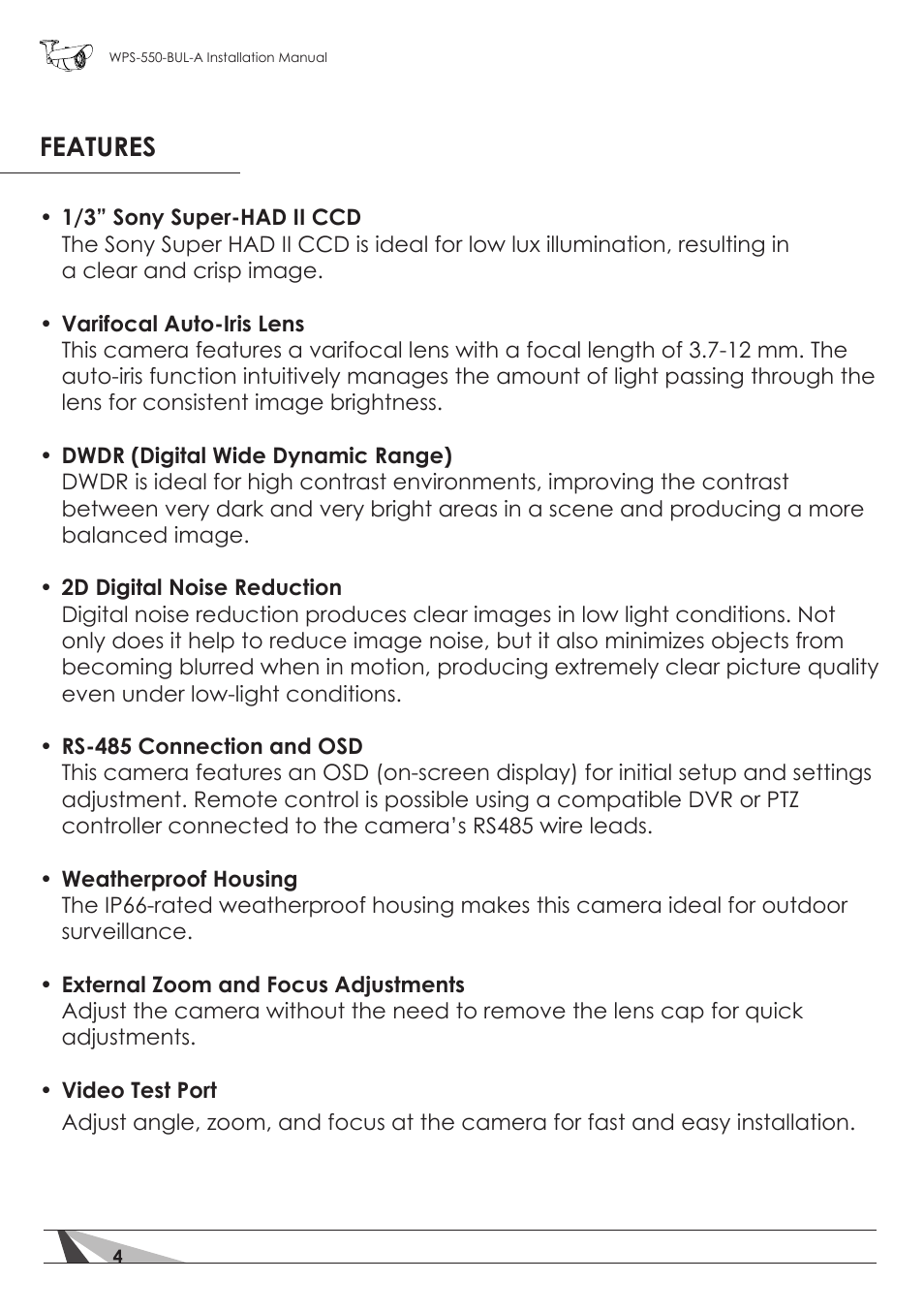 Features | Staub Electronics WPS-550-BUL-A WIREPATH - SURVEILLANCE 550-SERIES BULLET ANALOG OUTDOOR CAMERA WITH IR (600 TVL) User Manual | Page 4 / 30
