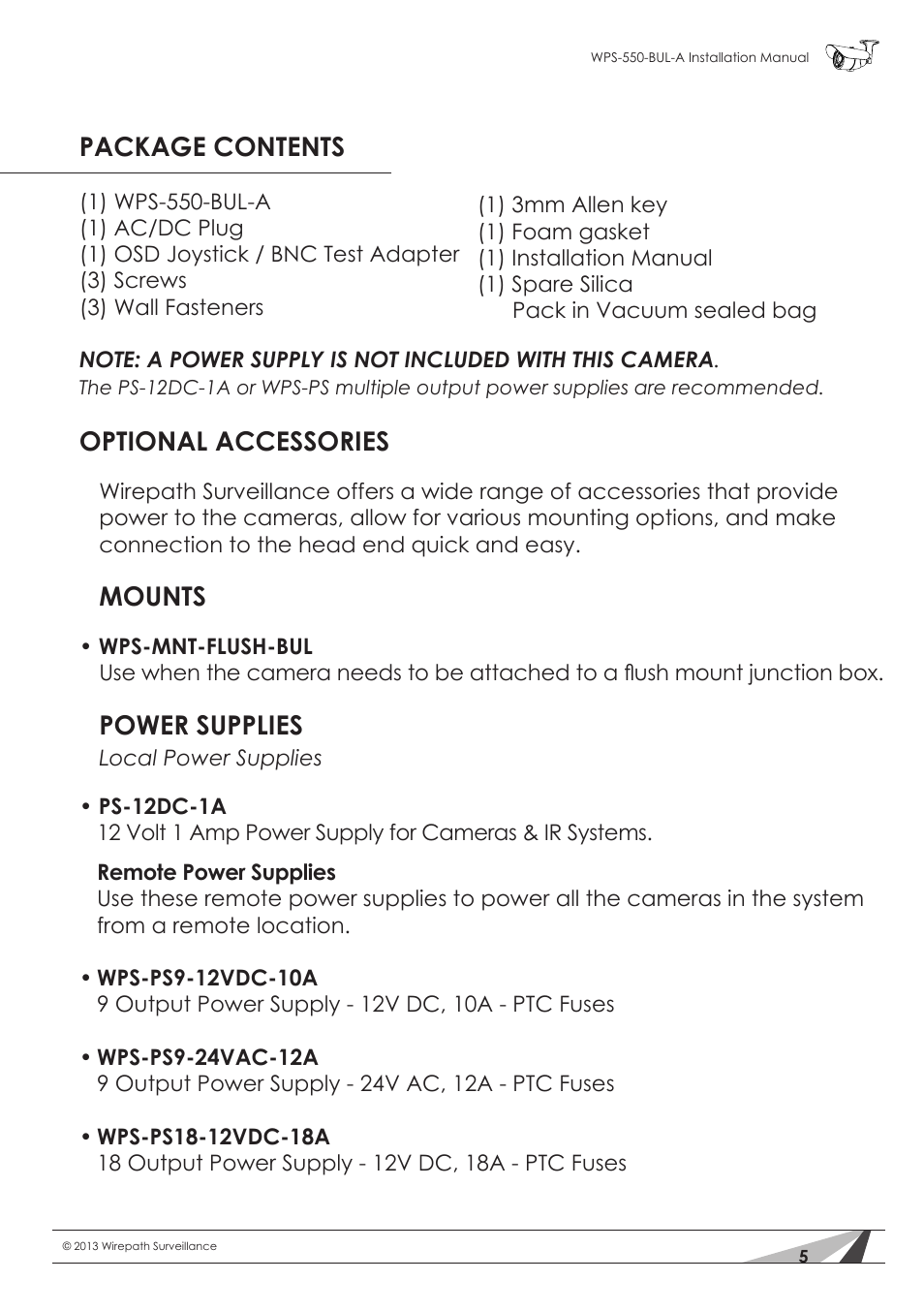 Package contents, Optional accessories, Mounts | Power supplies | Staub Electronics WPS-550-BUL-A WIREPATH - SURVEILLANCE 550-SERIES BULLET ANALOG OUTDOOR CAMERA WITH IR (600 TVL) User Manual | Page 5 / 30