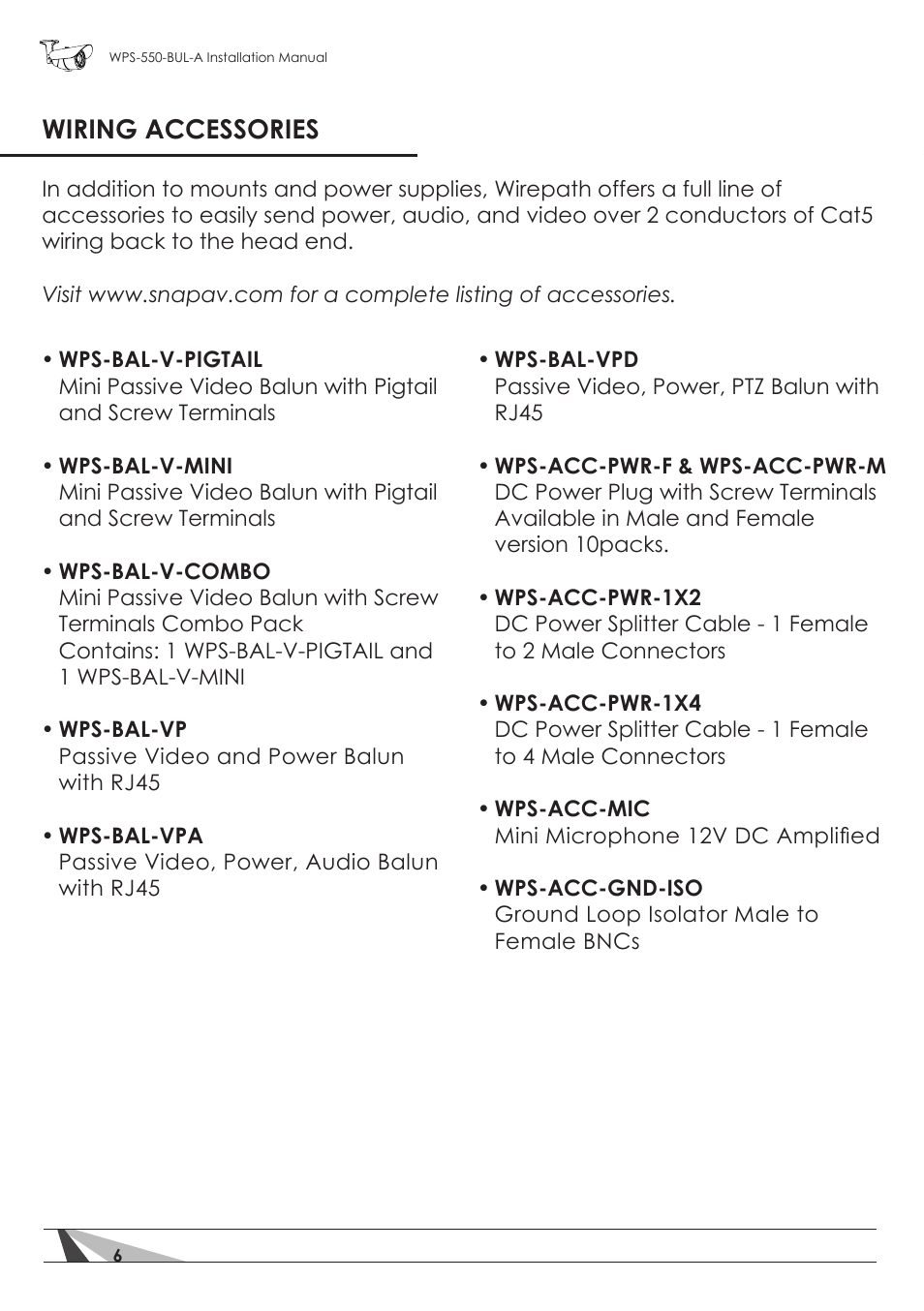 Wiring accessories | Staub Electronics WPS-550-BUL-A WIREPATH - SURVEILLANCE 550-SERIES BULLET ANALOG OUTDOOR CAMERA WITH IR (600 TVL) User Manual | Page 6 / 30