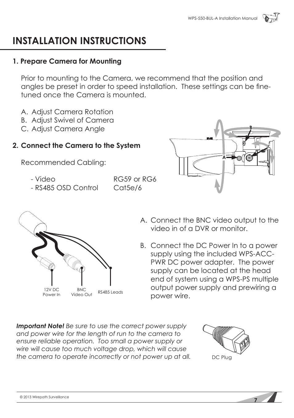 Installation instructions | Staub Electronics WPS-550-BUL-A WIREPATH - SURVEILLANCE 550-SERIES BULLET ANALOG OUTDOOR CAMERA WITH IR (600 TVL) User Manual | Page 7 / 30