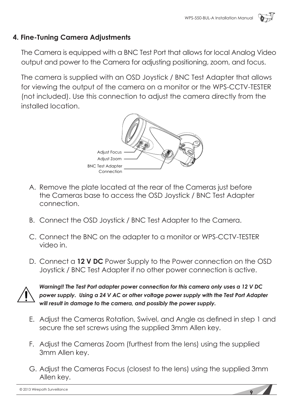 Staub Electronics WPS-550-BUL-A WIREPATH - SURVEILLANCE 550-SERIES BULLET ANALOG OUTDOOR CAMERA WITH IR (600 TVL) User Manual | Page 9 / 30