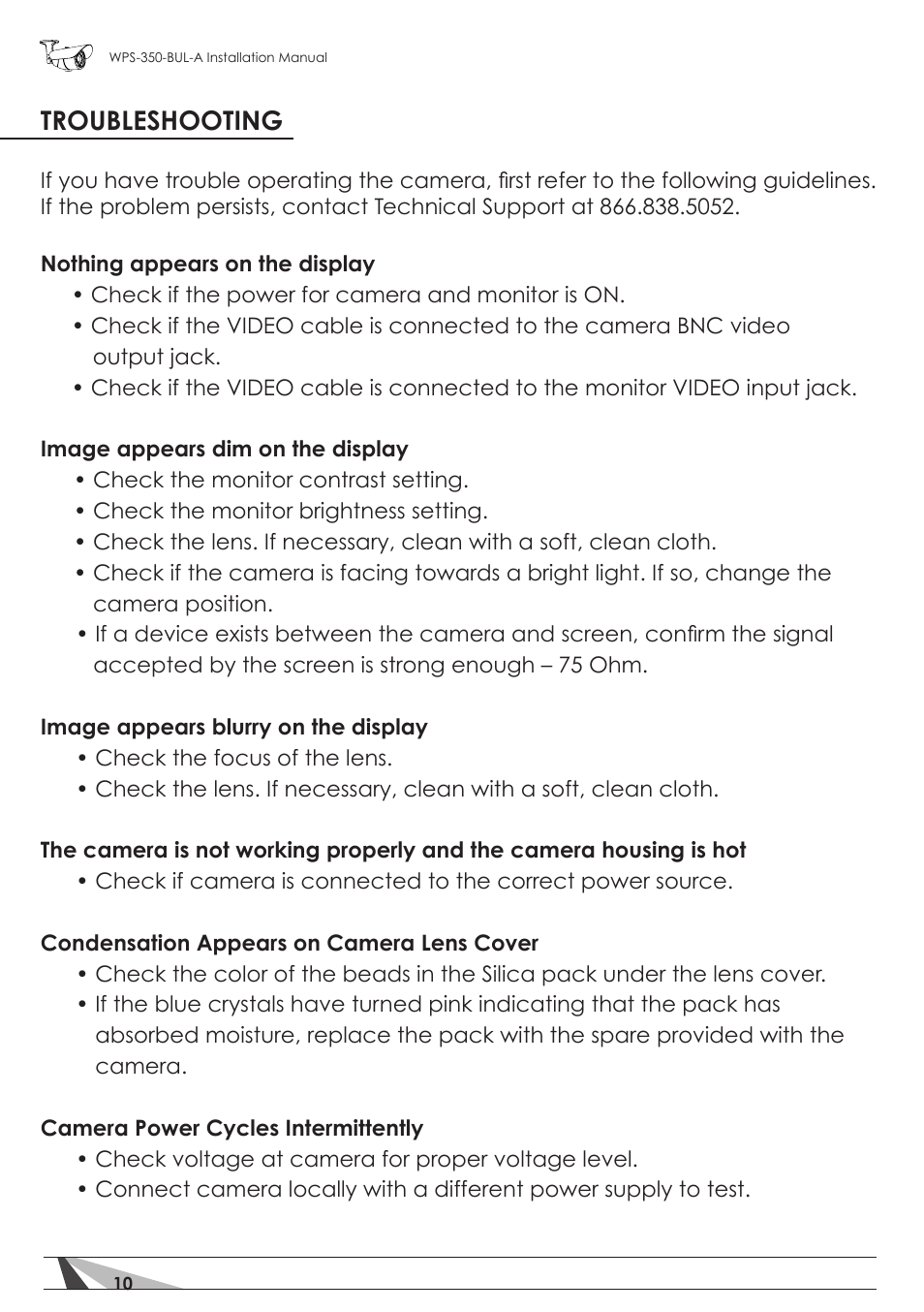 Troubleshooting | Staub Electronics WPS-350-BUL-A WIREPATH - SURVEILLANCE 350-SERIES BULLET ANALOG OUTDOOR CAMERA WITH IR (550 TVL) User Manual | Page 10 / 14