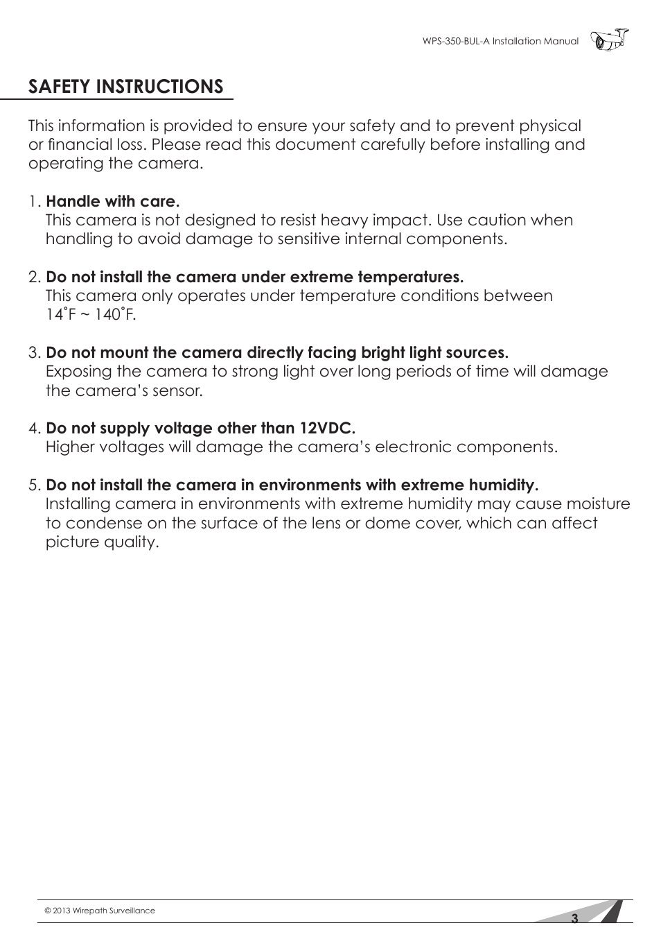 Safety instructions | Staub Electronics WPS-350-BUL-A WIREPATH - SURVEILLANCE 350-SERIES BULLET ANALOG OUTDOOR CAMERA WITH IR (550 TVL) User Manual | Page 3 / 14