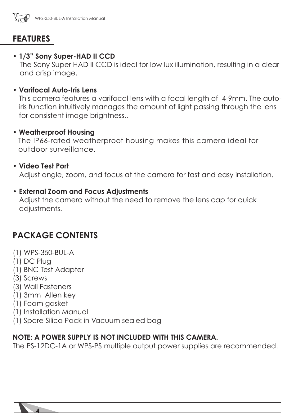 Features, Package contents | Staub Electronics WPS-350-BUL-A WIREPATH - SURVEILLANCE 350-SERIES BULLET ANALOG OUTDOOR CAMERA WITH IR (550 TVL) User Manual | Page 4 / 14