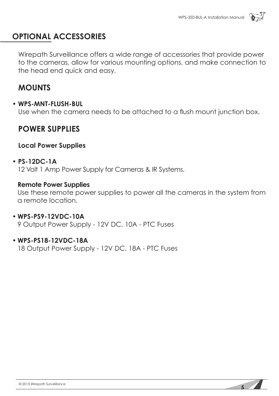 Optional accessories, Mounts, Power supplies | Staub Electronics WPS-350-BUL-A WIREPATH - SURVEILLANCE 350-SERIES BULLET ANALOG OUTDOOR CAMERA WITH IR (550 TVL) User Manual | Page 5 / 14