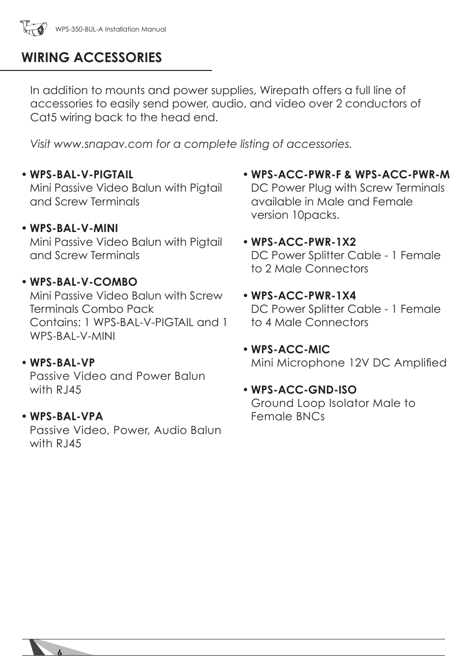 Wiring accessories | Staub Electronics WPS-350-BUL-A WIREPATH - SURVEILLANCE 350-SERIES BULLET ANALOG OUTDOOR CAMERA WITH IR (550 TVL) User Manual | Page 6 / 14
