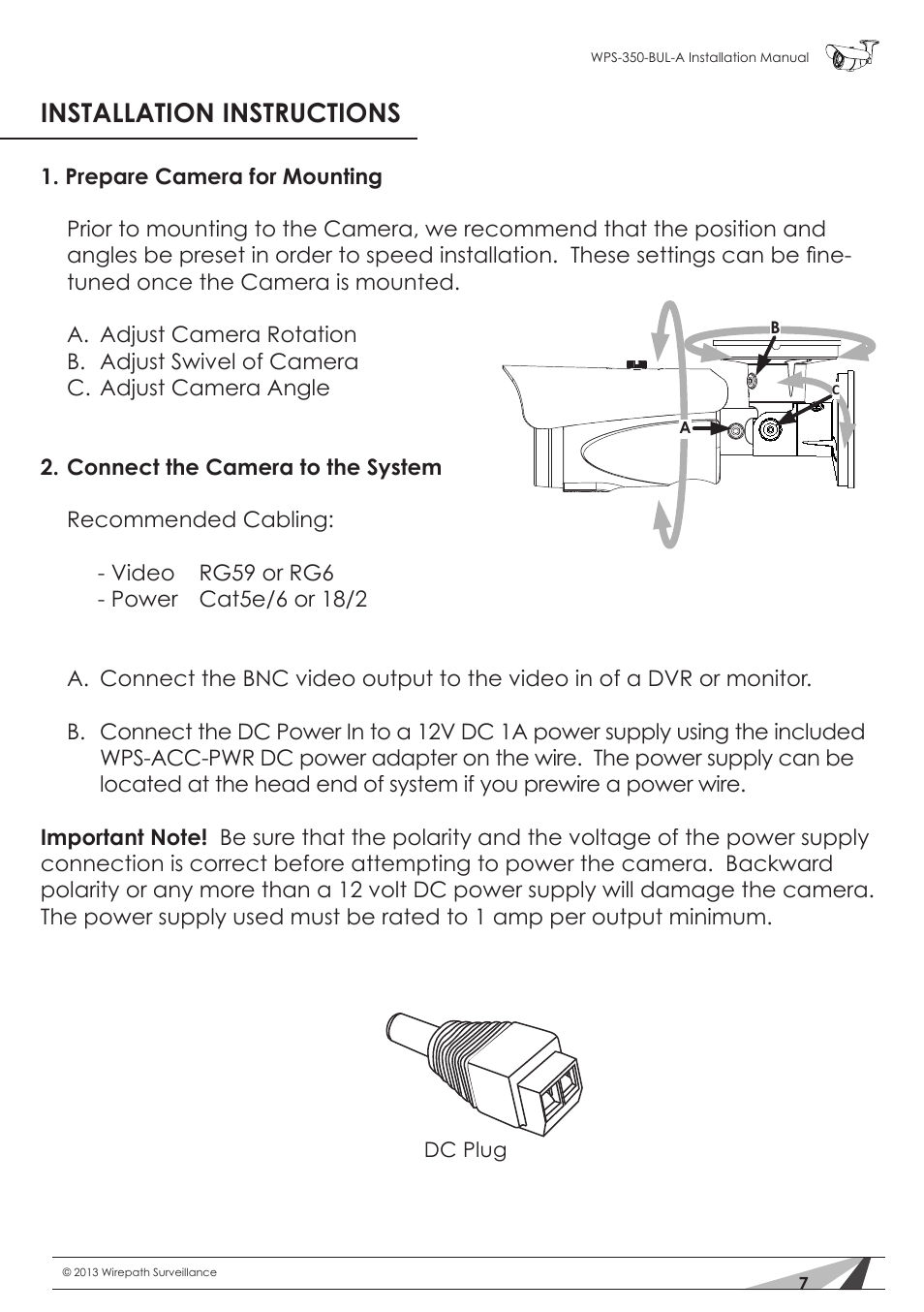 Installation instructions | Staub Electronics WPS-350-BUL-A WIREPATH - SURVEILLANCE 350-SERIES BULLET ANALOG OUTDOOR CAMERA WITH IR (550 TVL) User Manual | Page 7 / 14