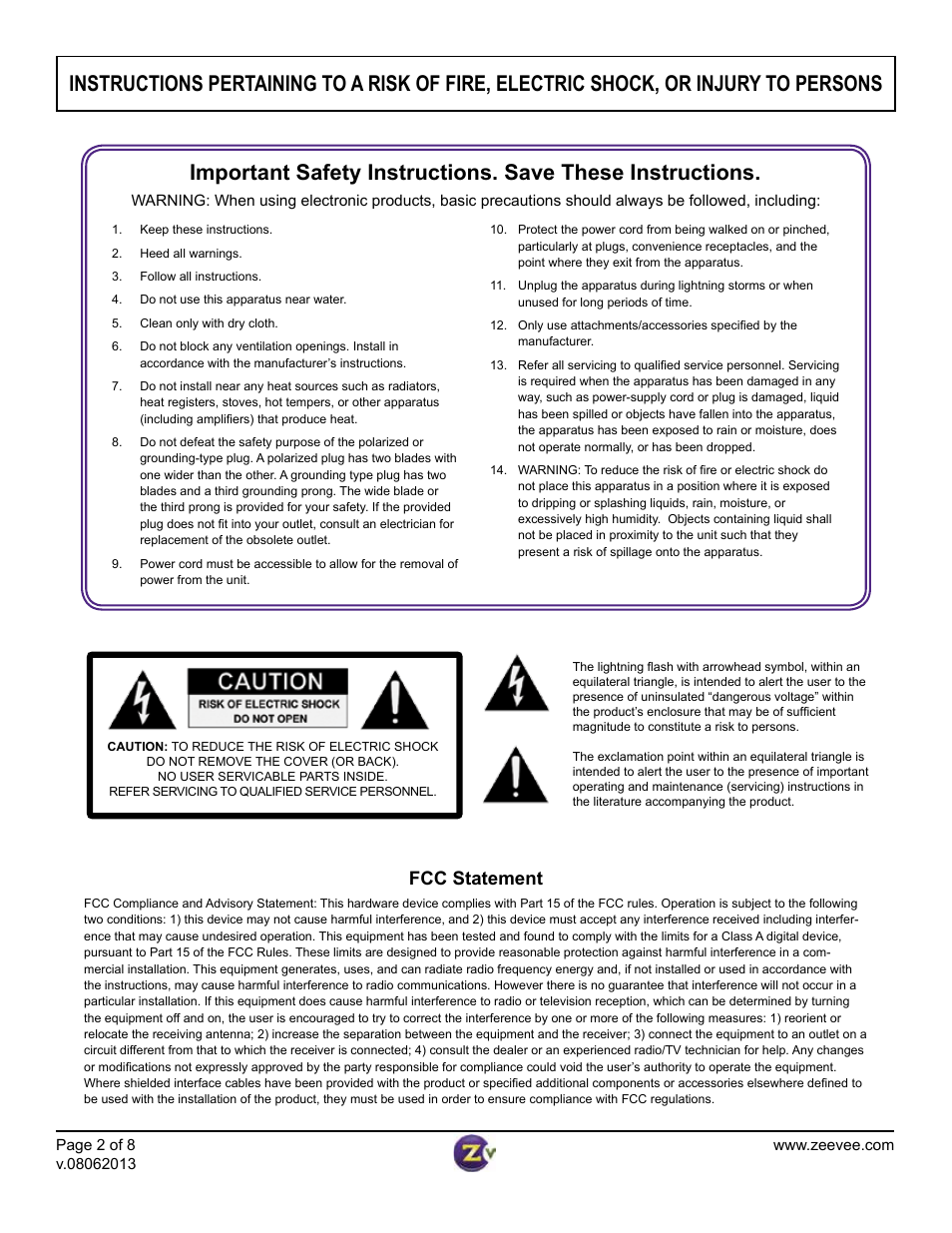 Fcc statement | Staub Electronics ZVPRO810 ZEEVEE - SINGLE CHANNEL DIGITAL VIA UNENCRYPTED HDMI User Manual | Page 2 / 8