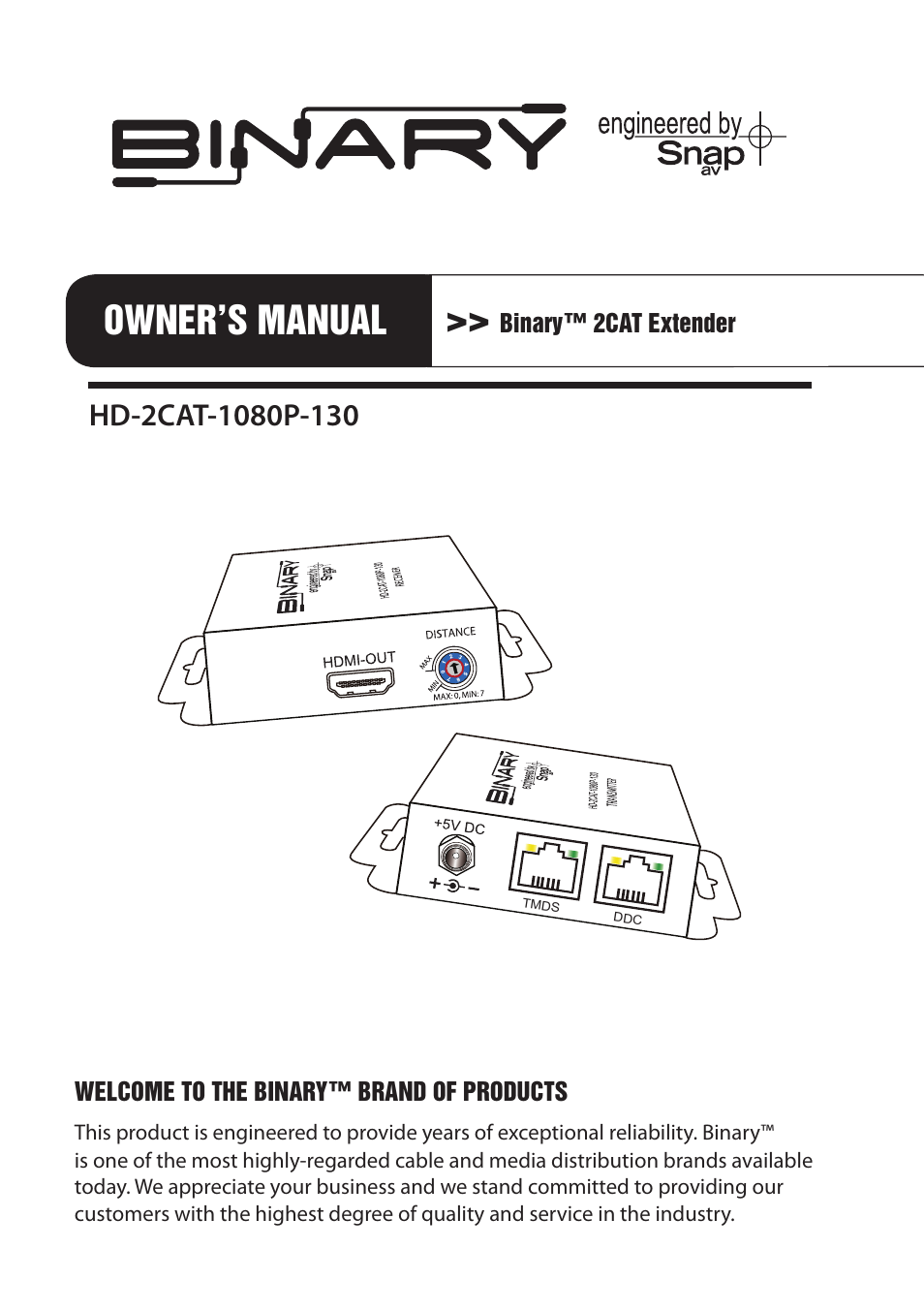 Staub Electronics HD-2CAT-1080P-130 BINARY - CAT5 HDMI EXTENDER User Manual | 8 pages