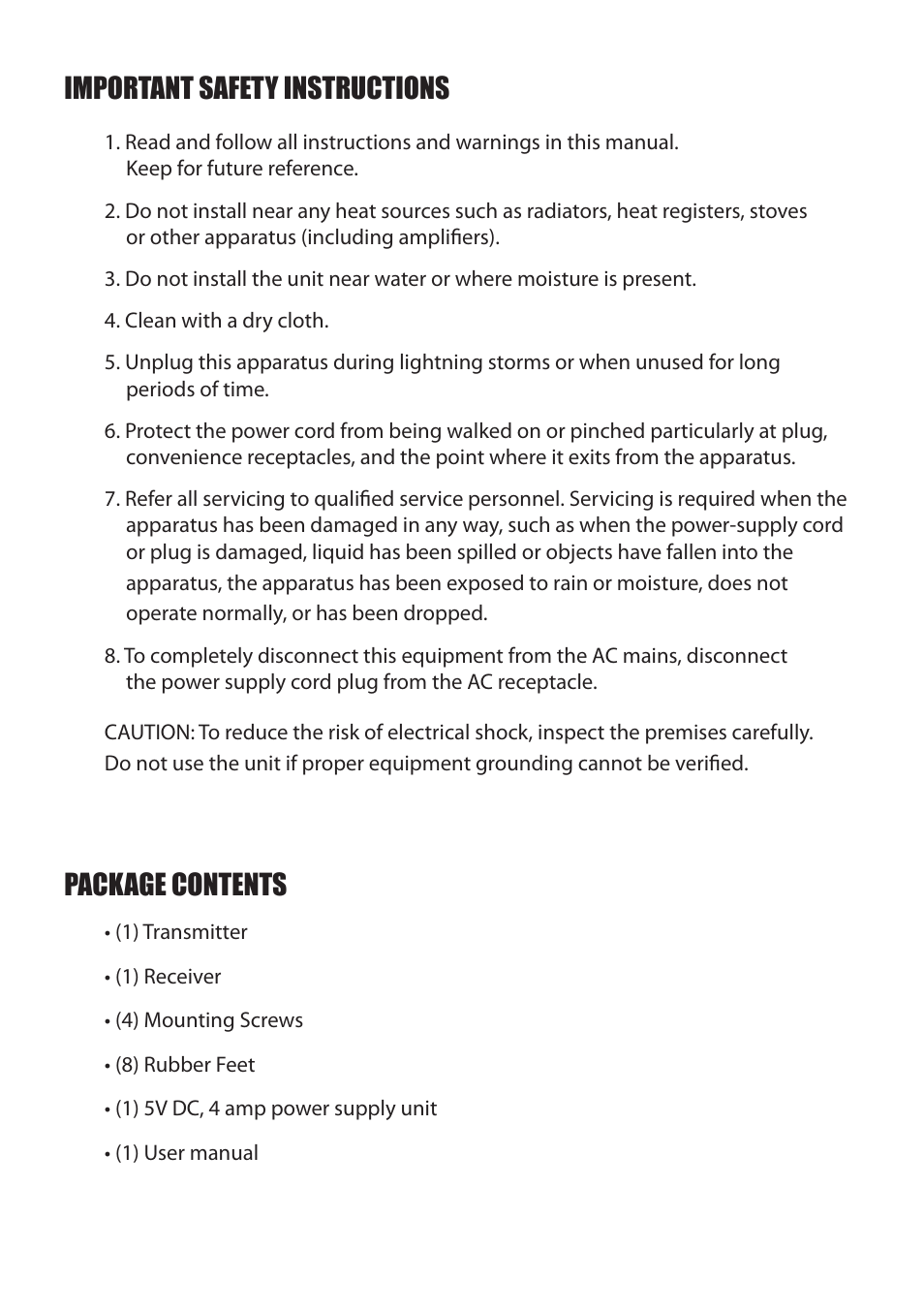 Important safety instructions, Package contents | Staub Electronics HD-2CAT-1080P-130 BINARY - CAT5 HDMI EXTENDER User Manual | Page 2 / 8