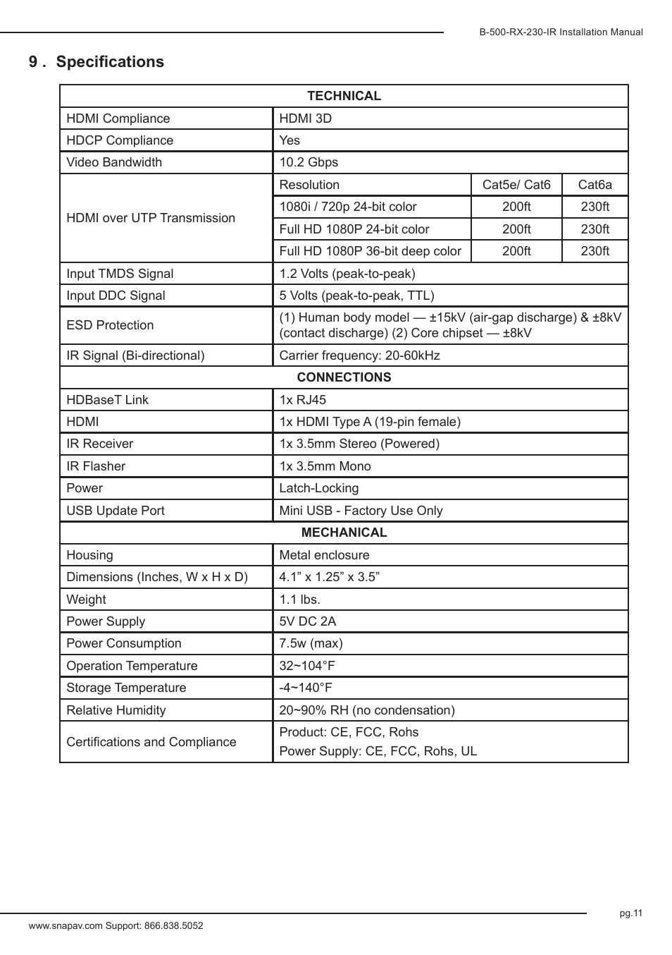 9 . specifications | Staub Electronics B-500-RX-230-IR BINARY - HD BASE T RECEIVER WITH BI-DIRECTIONAL IR FOR B-500 HDBASET MATRIX SWITCHERS User Manual | Page 11 / 12