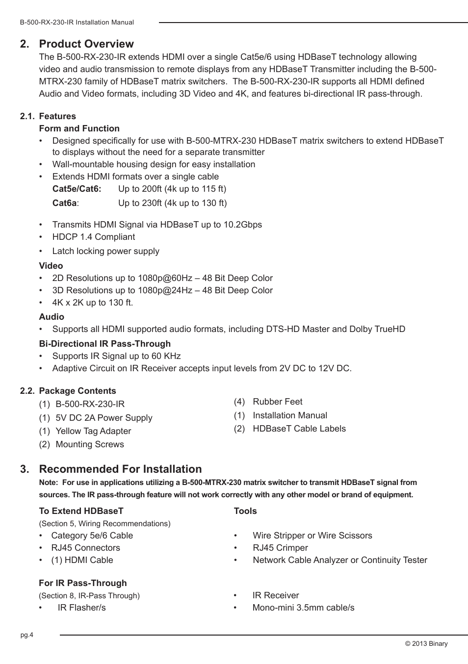 Product overview, Recommended for installation | Staub Electronics B-500-RX-230-IR BINARY - HD BASE T RECEIVER WITH BI-DIRECTIONAL IR FOR B-500 HDBASET MATRIX SWITCHERS User Manual | Page 4 / 12