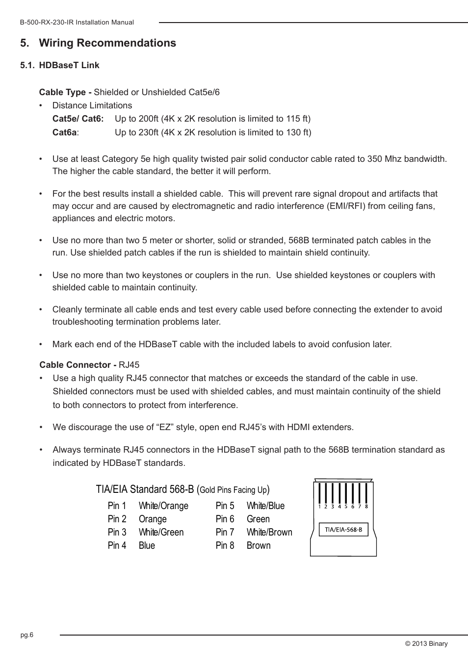 Wiring recommendations, Tia/eia standard 568-b | Staub Electronics B-500-RX-230-IR BINARY - HD BASE T RECEIVER WITH BI-DIRECTIONAL IR FOR B-500 HDBASET MATRIX SWITCHERS User Manual | Page 6 / 12