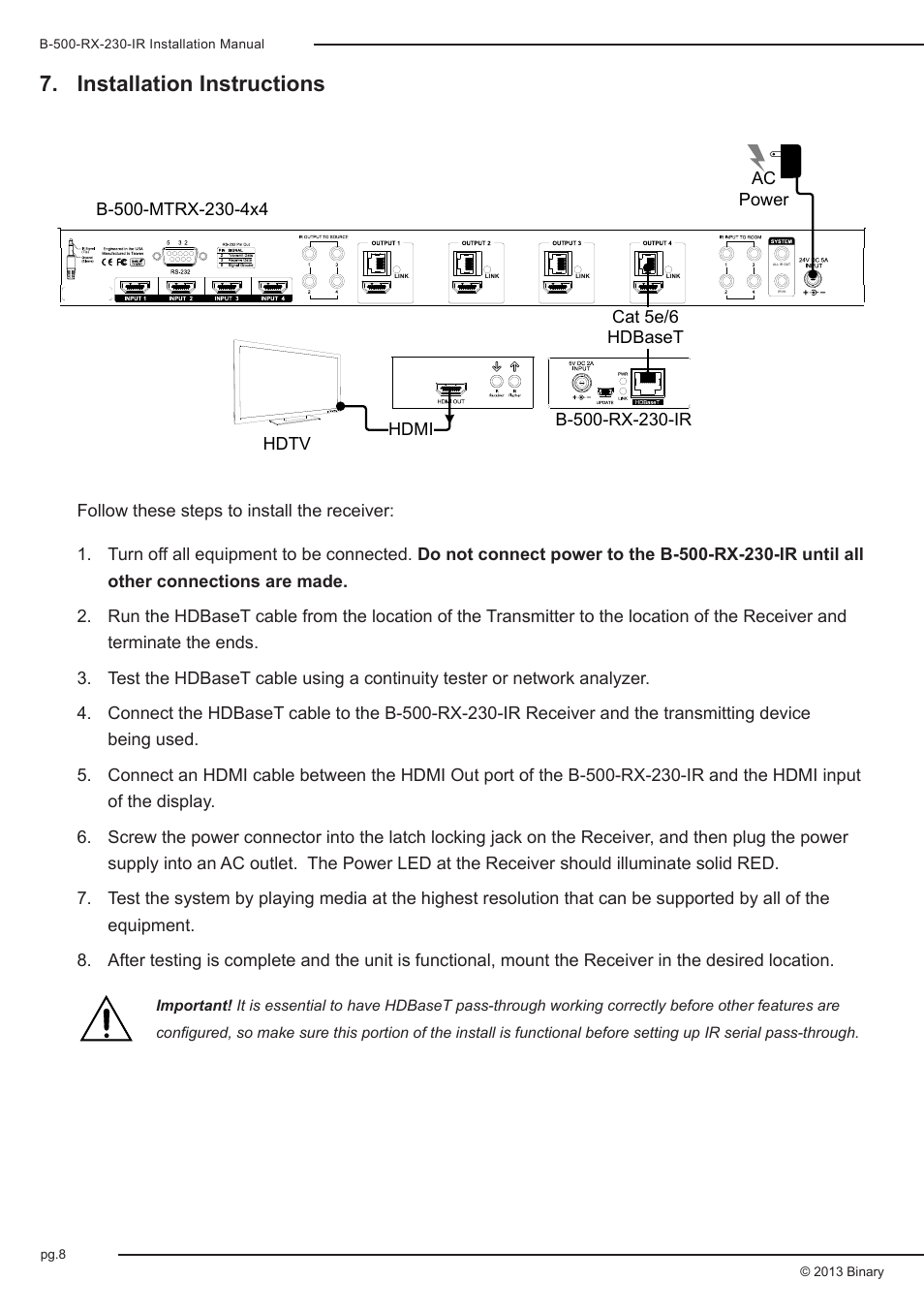 Installation instructions | Staub Electronics B-500-RX-230-IR BINARY - HD BASE T RECEIVER WITH BI-DIRECTIONAL IR FOR B-500 HDBASET MATRIX SWITCHERS User Manual | Page 8 / 12