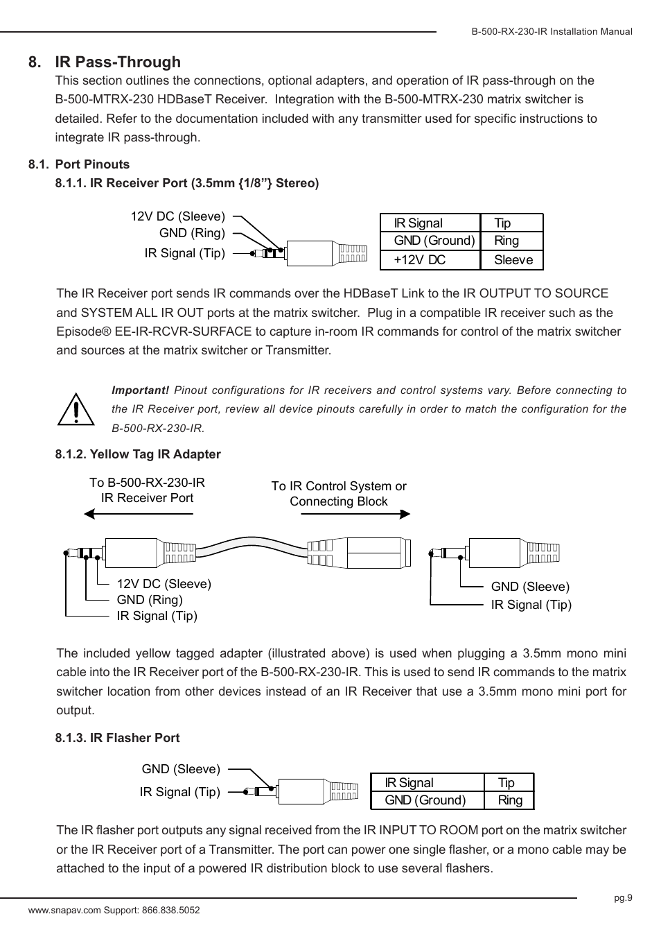 Ir pass-through | Staub Electronics B-500-RX-230-IR BINARY - HD BASE T RECEIVER WITH BI-DIRECTIONAL IR FOR B-500 HDBASET MATRIX SWITCHERS User Manual | Page 9 / 12