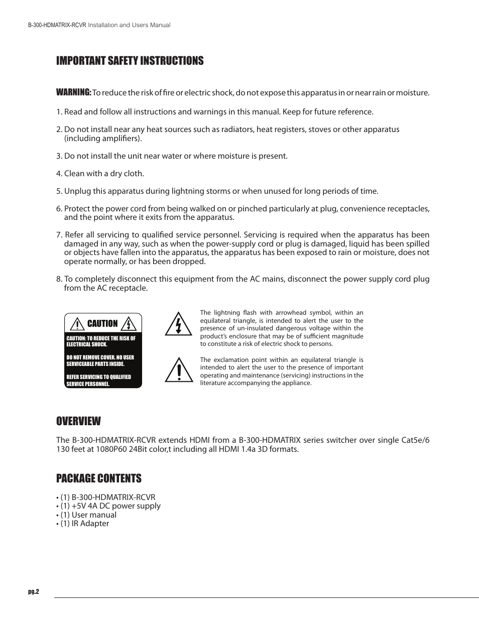 Important safety instructions, Overview, Package contents | Staub Electronics B-300-HDMATRIX-RCVR BINARY - HDMI SINGLE CAT5E_6 RECEIVER FOR B-300 MATRIX User Manual | Page 2 / 8