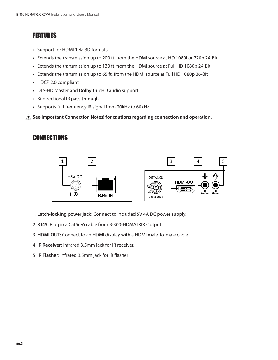 Features, Connections | Staub Electronics B-300-HDMATRIX-RCVR BINARY - HDMI SINGLE CAT5E_6 RECEIVER FOR B-300 MATRIX User Manual | Page 3 / 8